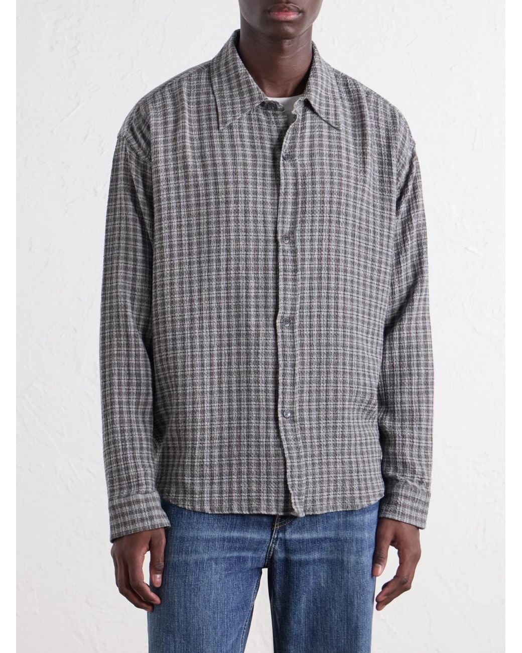 mfpen Gray Vacation Checked Cotton And Wool-Blend Seersucker Shirt for men