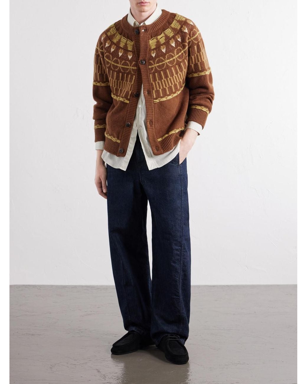 A Kind Of Guise Brown Zatoya Intarsia-Knit Virgin Wool Cardigan for men
