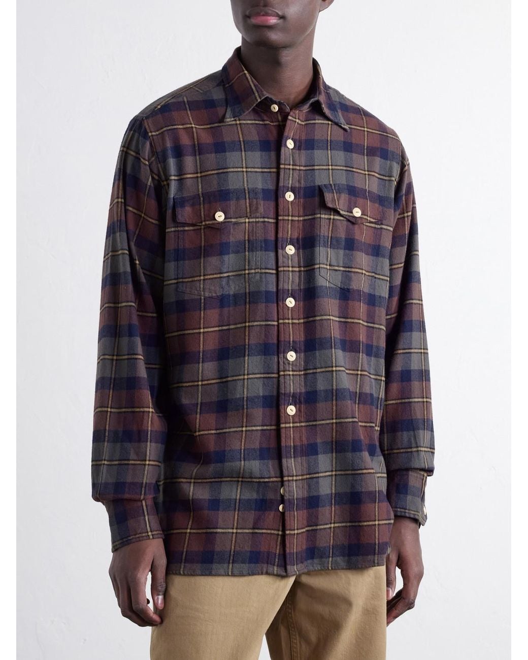 Drake's Blue Brushed Checked Cotton-Flannel Shirt for men