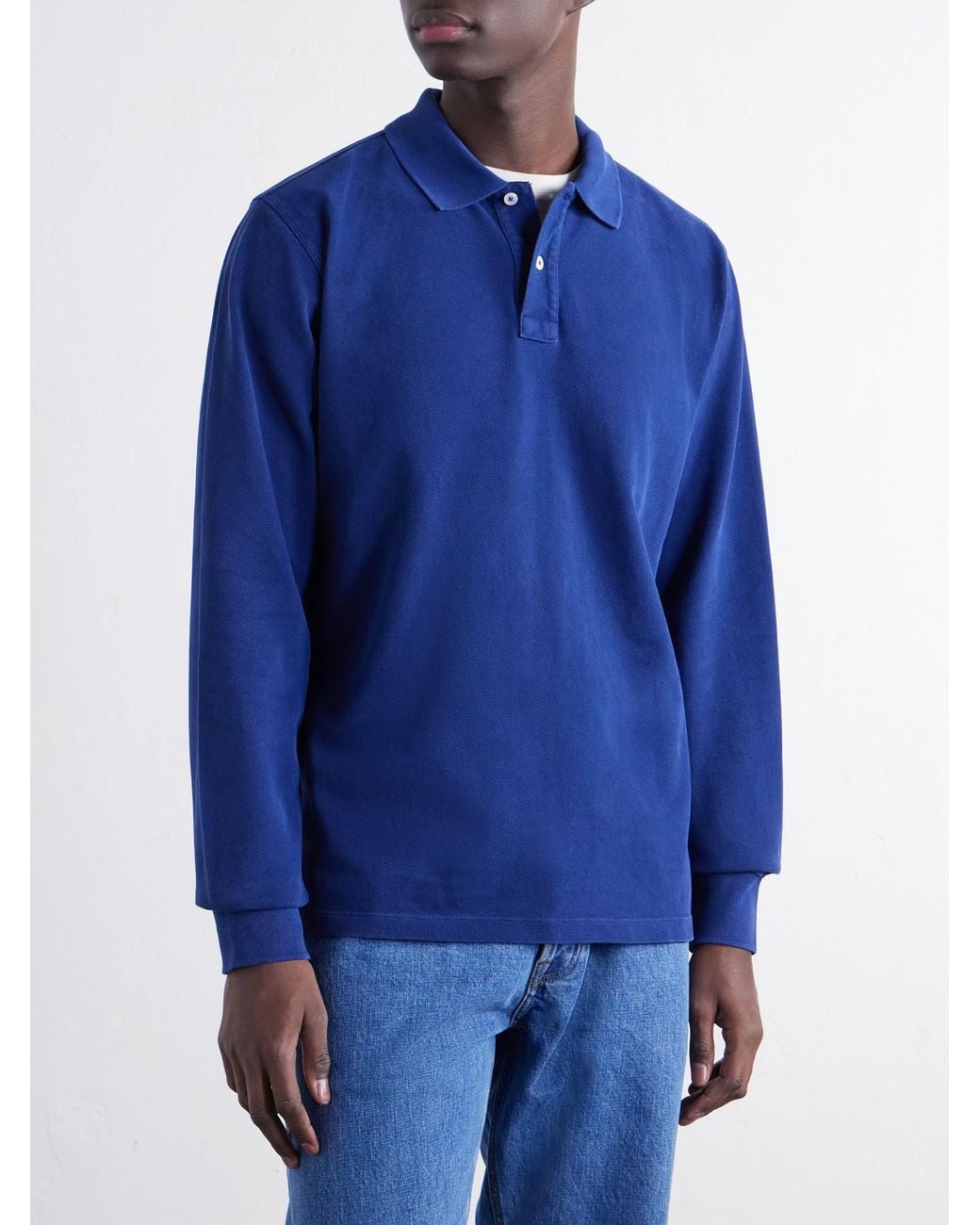 Drake's Blue Dyed Cotton-Piqué Polo Shirt for men