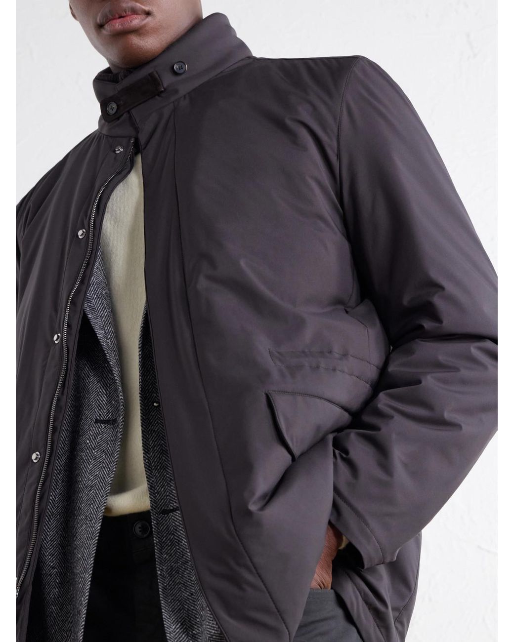 Thom Sweeney Gray Suede And Rib-Trimmed Padded Shell Coat for men