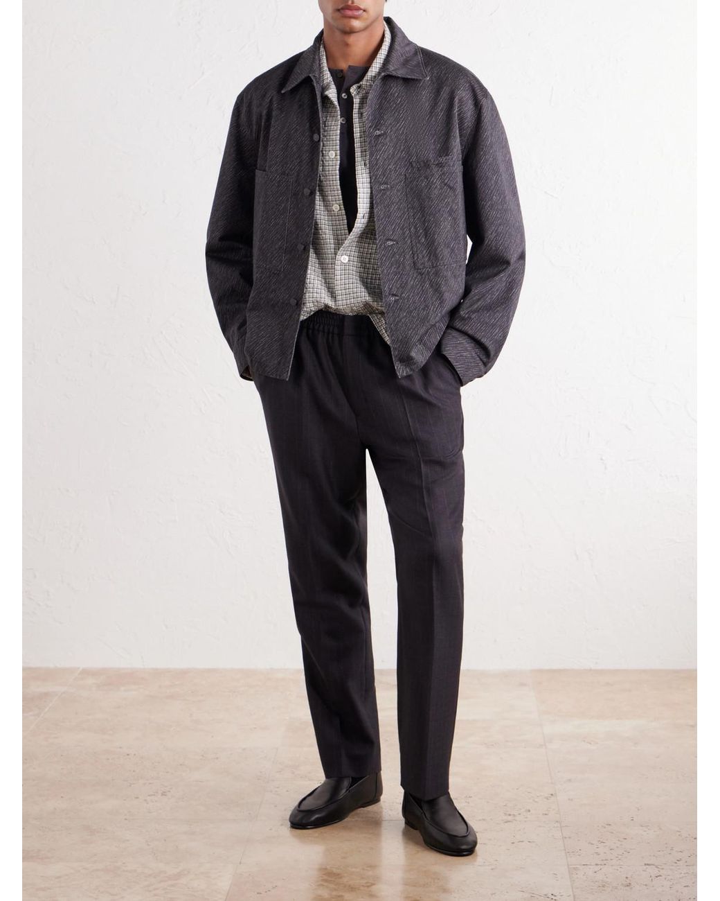 AMI Blue Tapered Pinstriped Wool-Blend Trousers for men