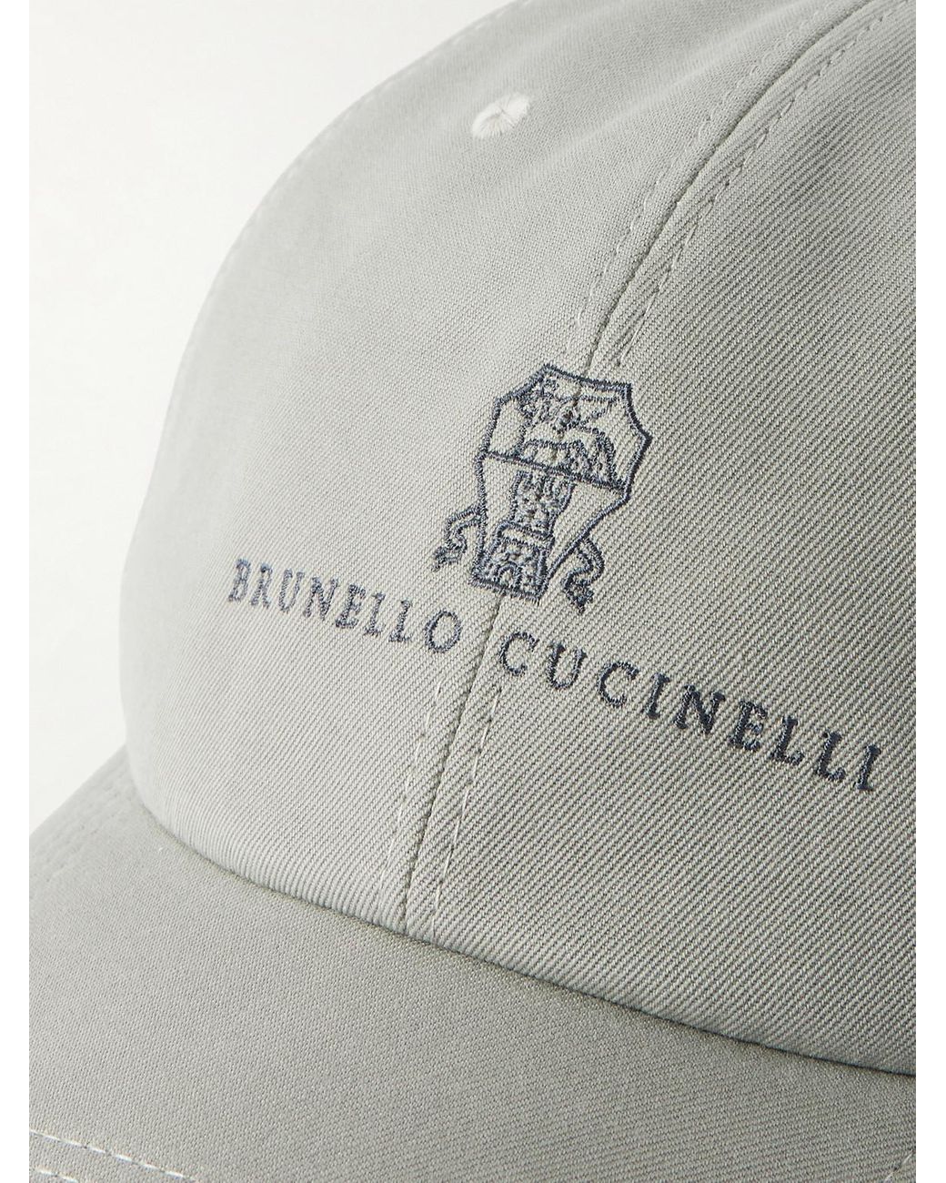 Brunello Cucinelli Gray Logo-Embroidered Leather-Trimmed Cotton-Twill Baseball Cap for men