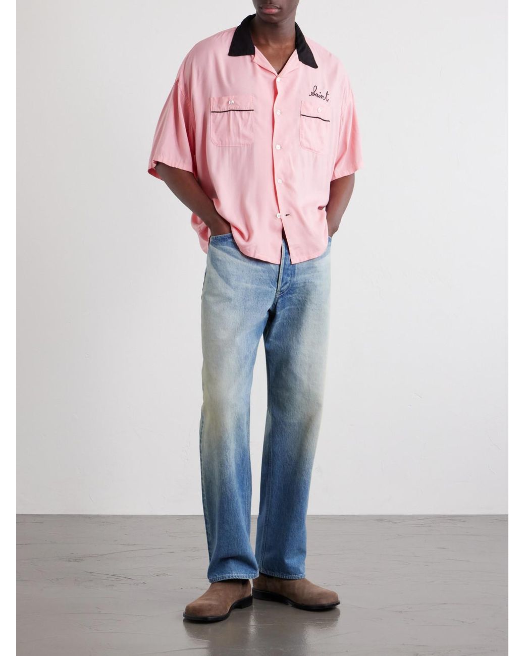 SAINT Mxxxxxx Pink Deck Of Cards Convertible-Collar Logo-Embroidered Satin Shirt for men
