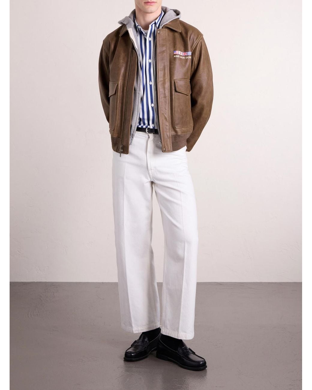 Aimé Leon Dore Brown World's Borough Logo-Print Leather Jacket for men