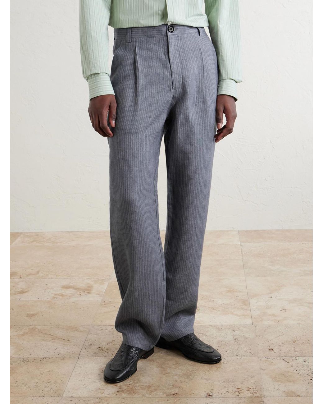 Oliver Spencer Gray Morton Straight-Leg Pleated Striped Linen Suit Trousers for men