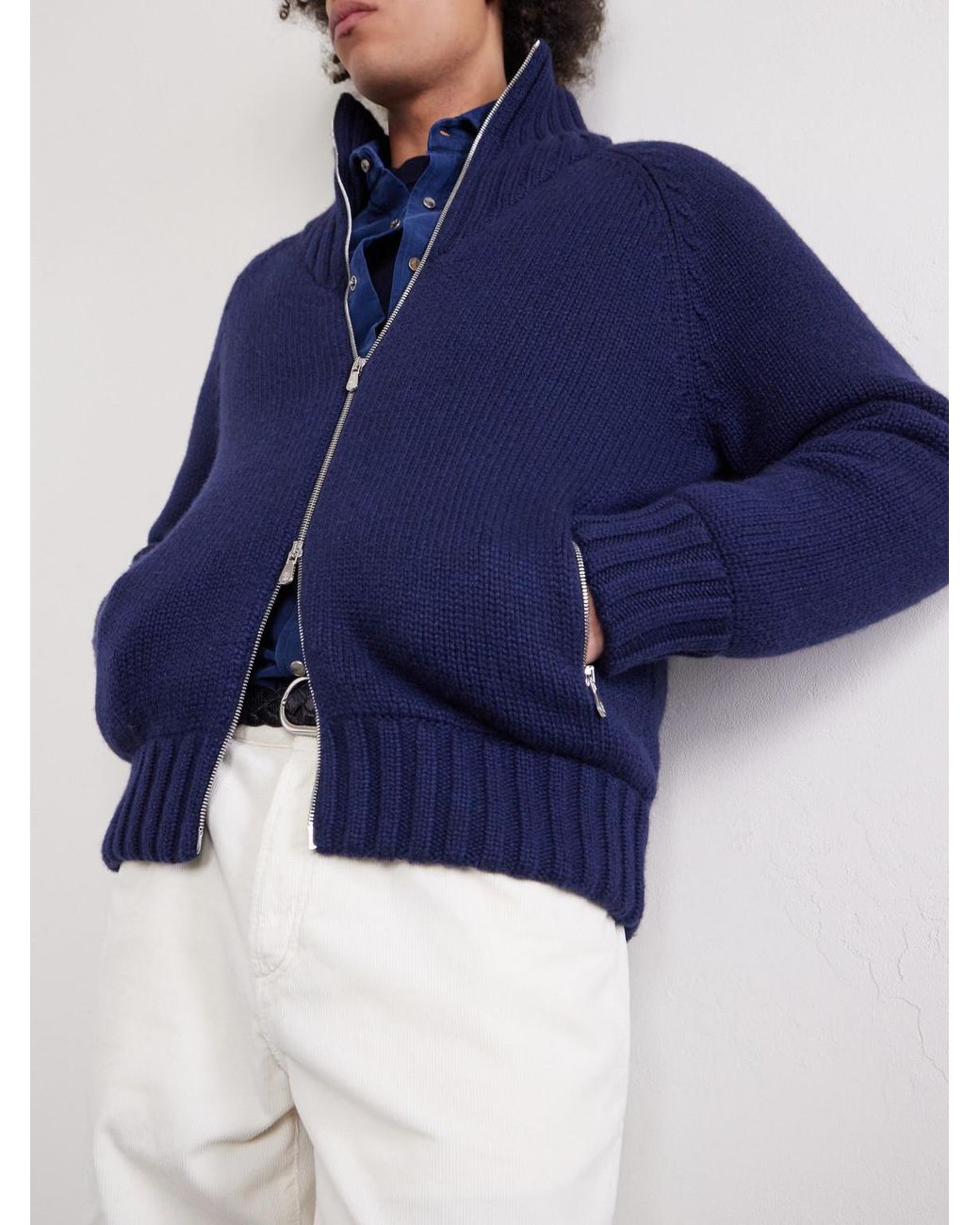 Brunello Cucinelli Blue Cashmere Zip-Up Down Cardigan for men
