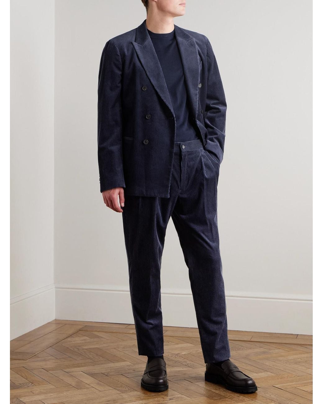 Mr P. Blue Slim-Fit Straight-Leg Cotton And Cashmere-Blend Corduroy Tuxedo Trousers for men