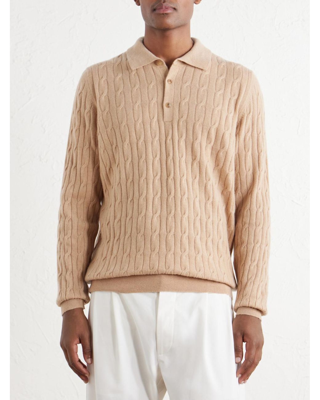 Ghiaia Natural Cable-Knit Cashmere Polo Sweater for men