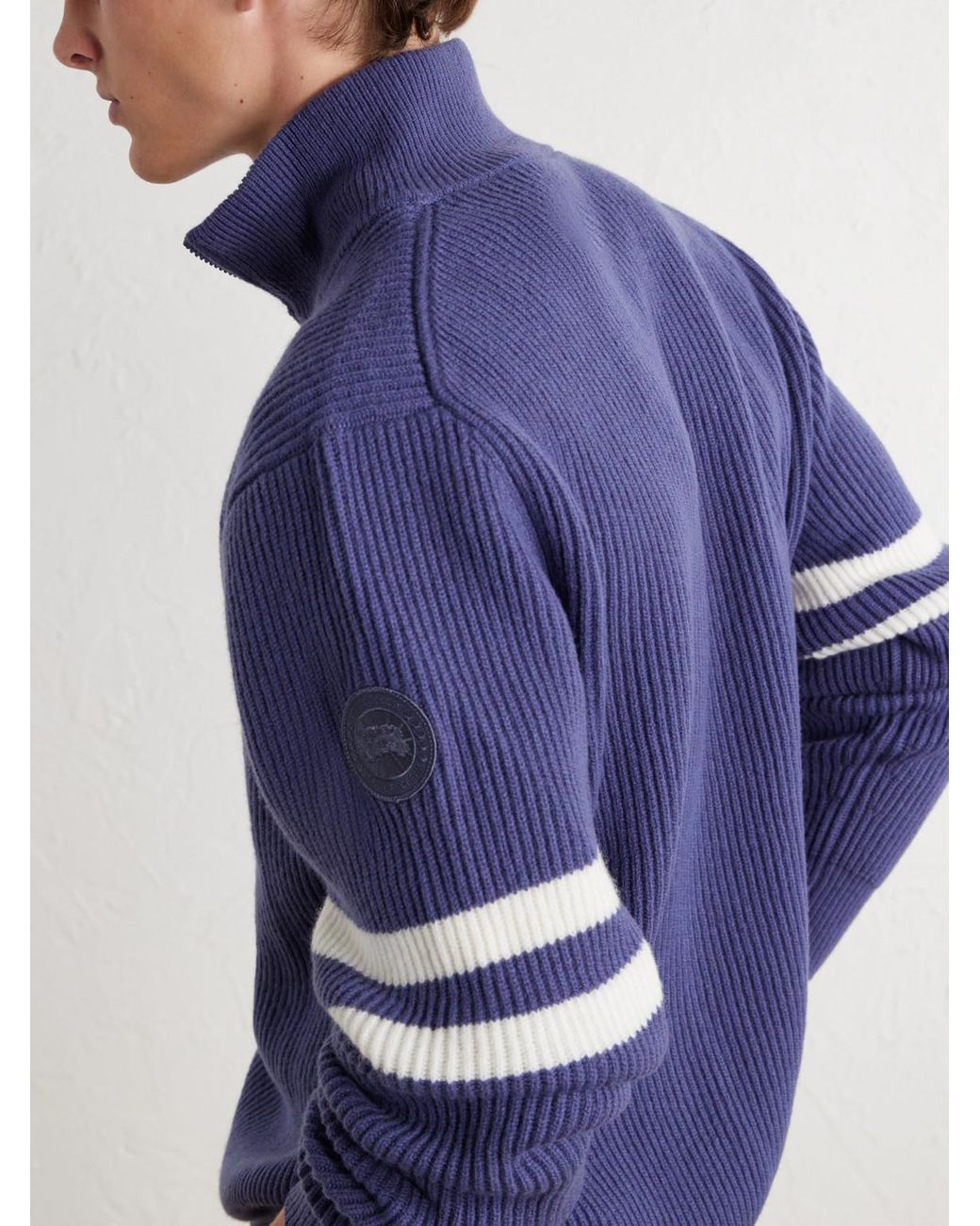 Canada Goose Blue Mckinney Logo-Appliquéd Striped Ribbed Wool Half-Zip Sweater for men