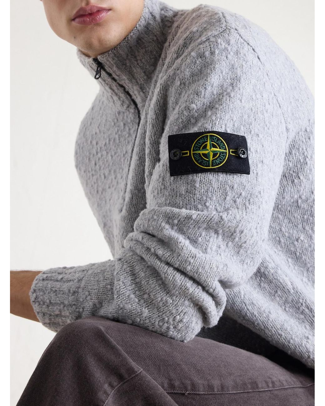 Stone Island Gray Speckled Wool And Nylon-Blend Half-Zip Sweater for men