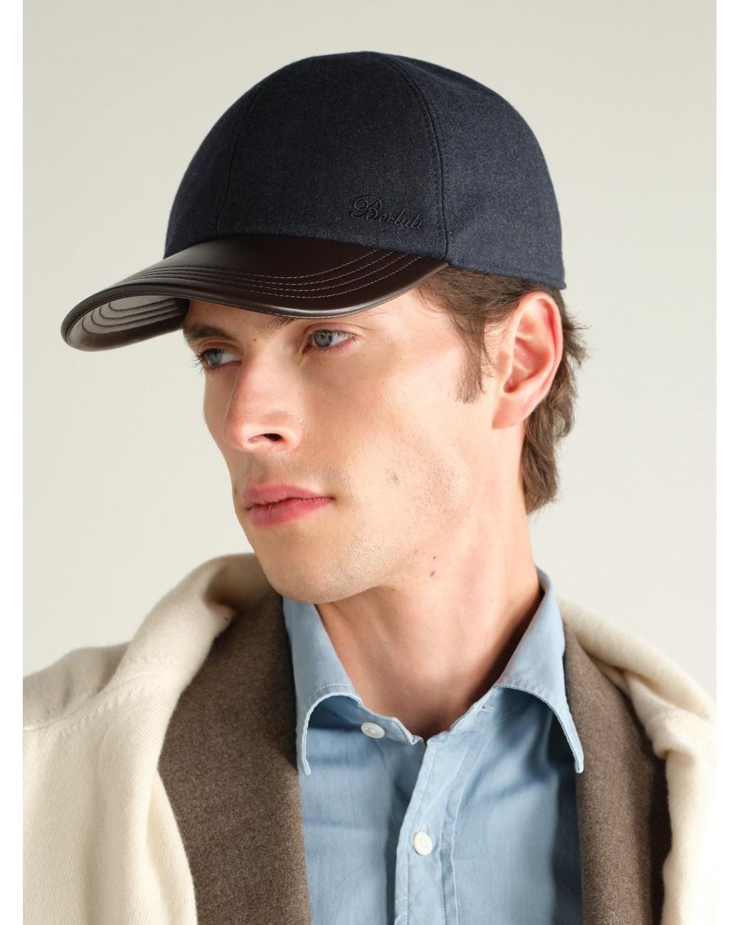Berluti Blue Logo-Embroidered Leather-Trimmed Wool-Blend Baseball Cap for men