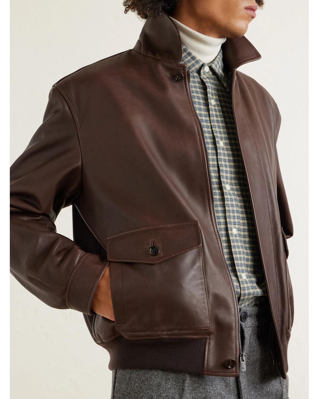 Ralph Lauren Brown Leather Bomber Jacket for men
