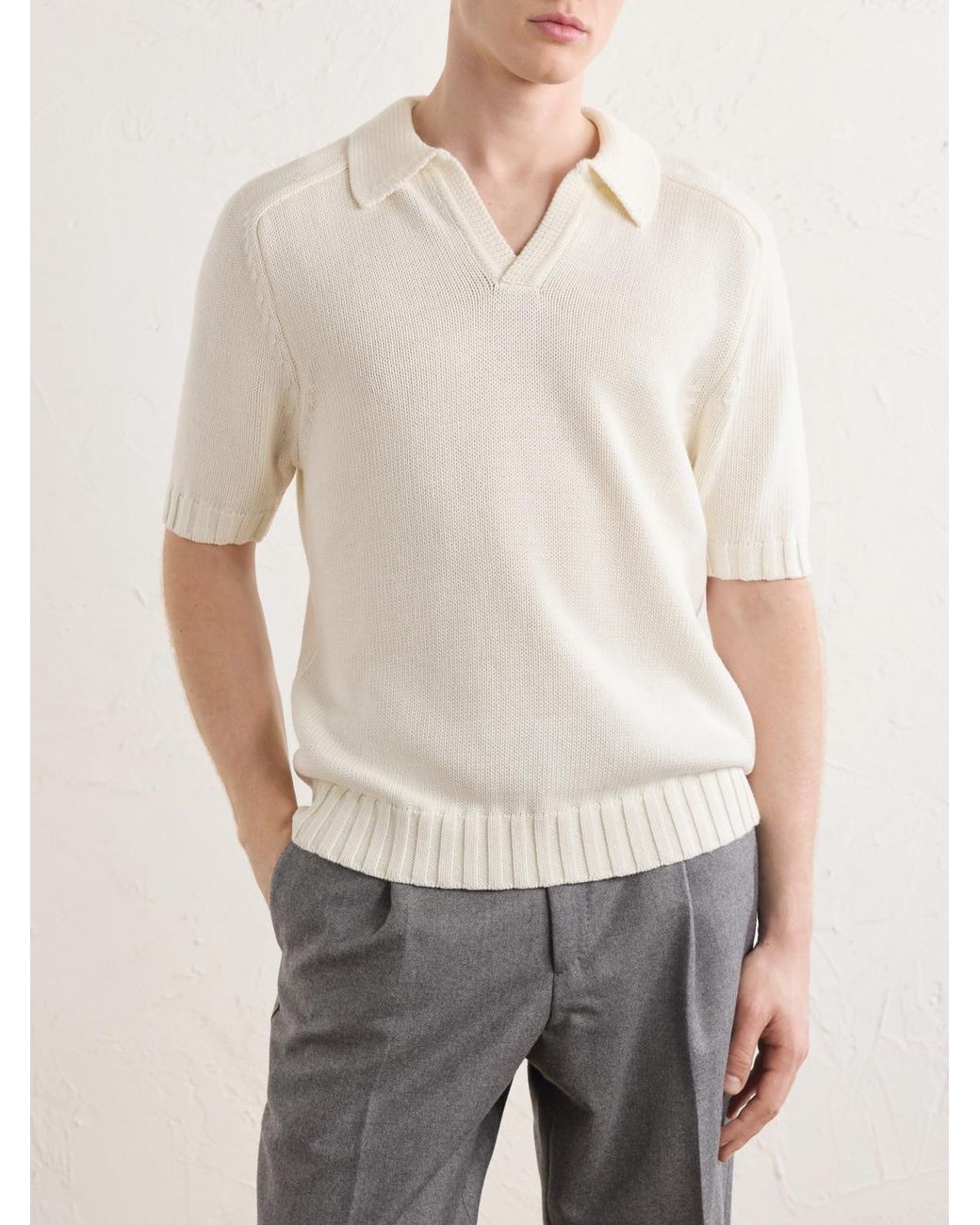 De Petrillo White Knitted Cotton Polo Shirt for men