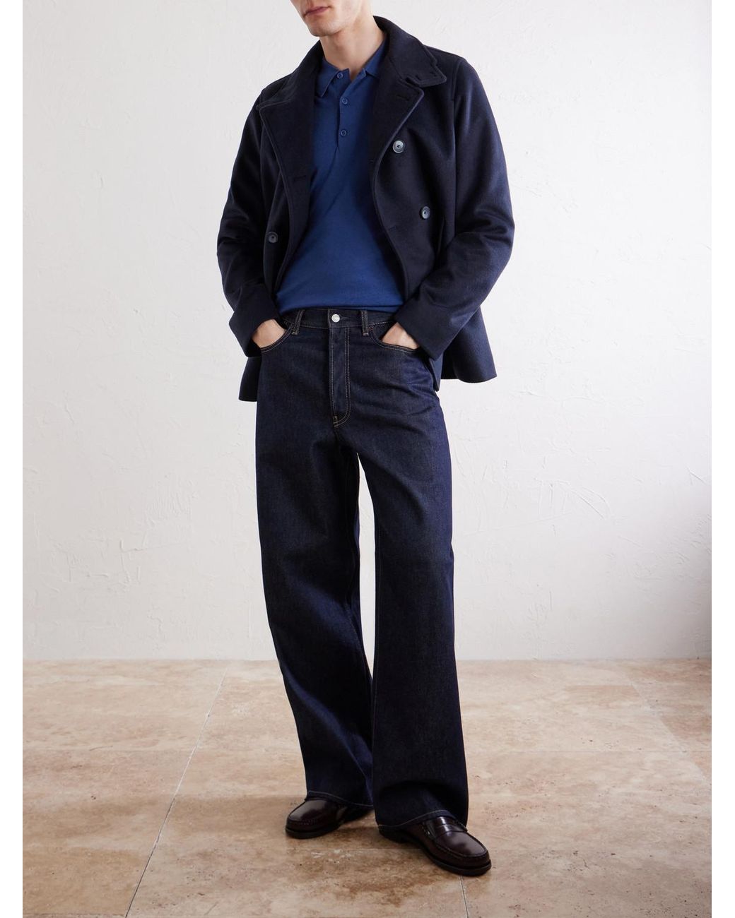 John Smedley Blue Caverhill Knitted Merino Wool Polo Shirt for men