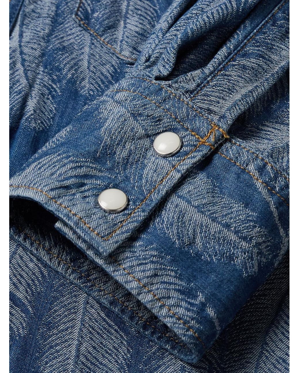 Kapital Blue Magpie Distressed Denim-Jacquard Western Shirt for men