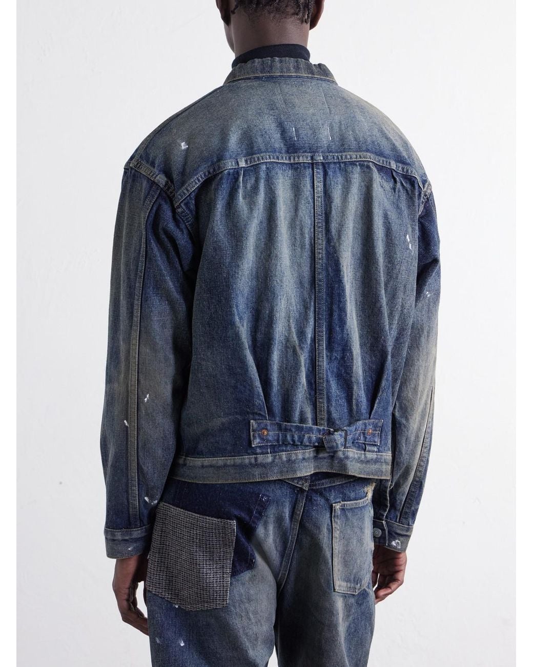 Junya Watanabe Blue Patchwork Distressed Paint-Splattered Denim Jacket for men