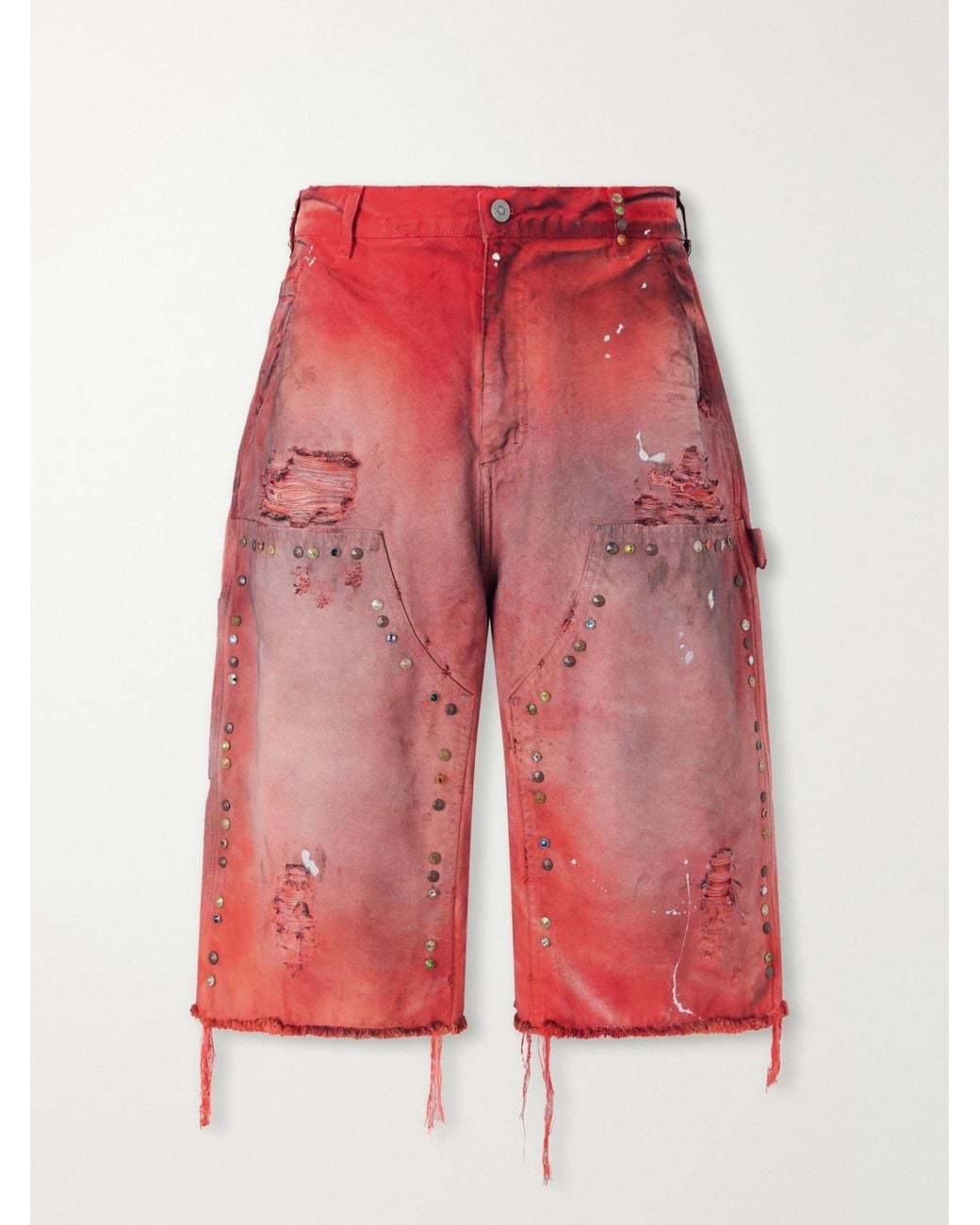 Satoshi Nakamoto Red Danny's Straight-Leg Embellished Distressed Denim Shorts for men