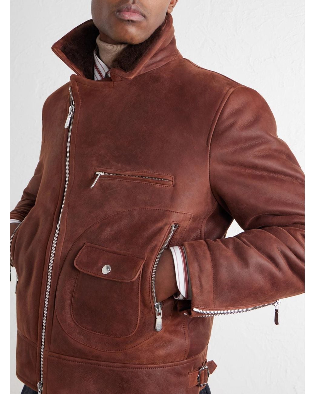 Brunello Cucinelli Brown Shearling-Trimmed Leather Jacket for men