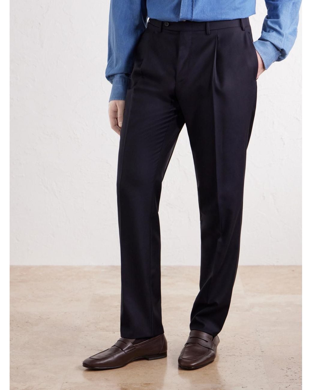 Canali Blue Tapered Pleated Wool-Twill Trousers for men