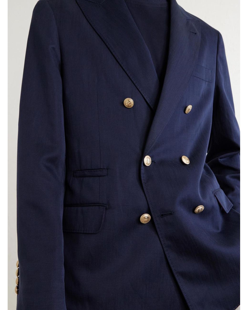 Brunello Cucinelli Blue Double-breasted Silk And Linen-blend Blazer for men