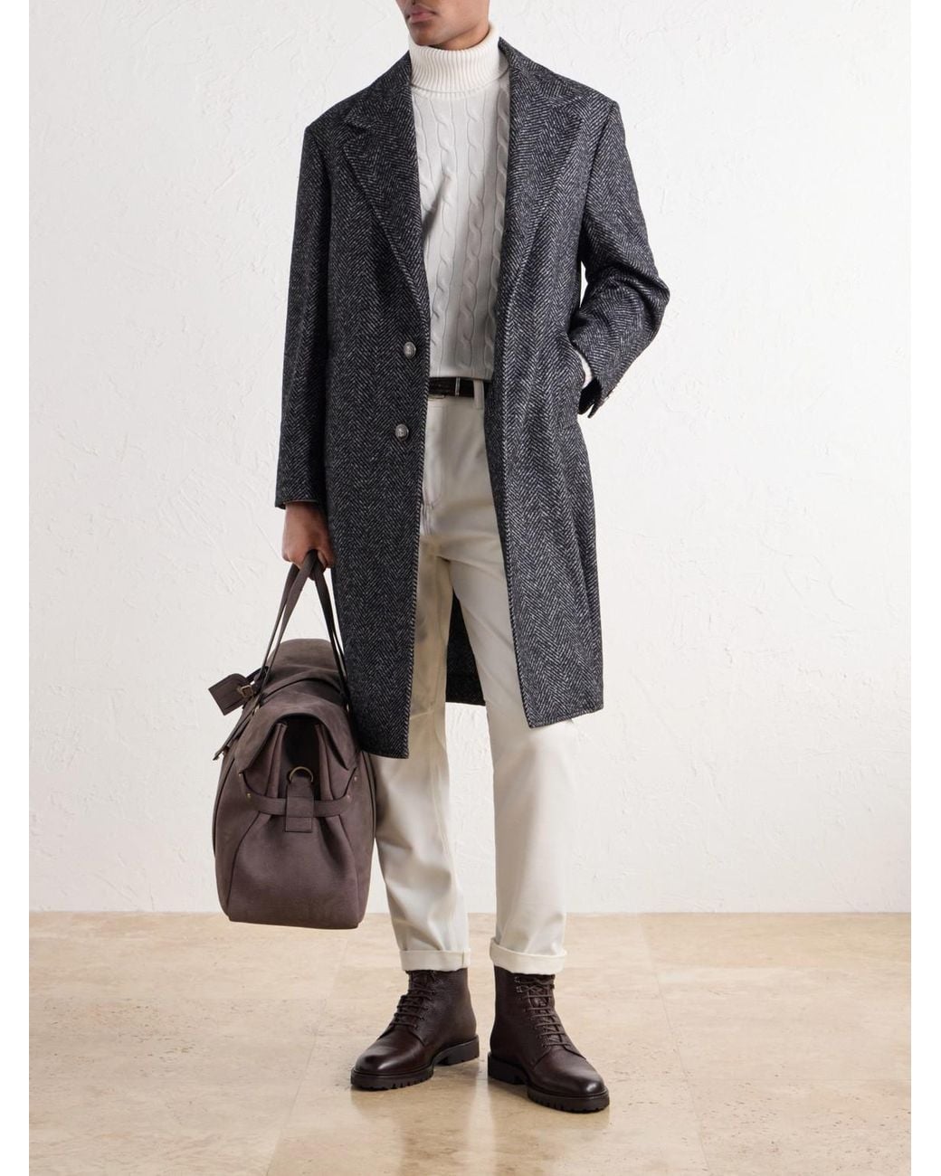 Brunello Cucinelli Blue Herringbone Twill Coat for men