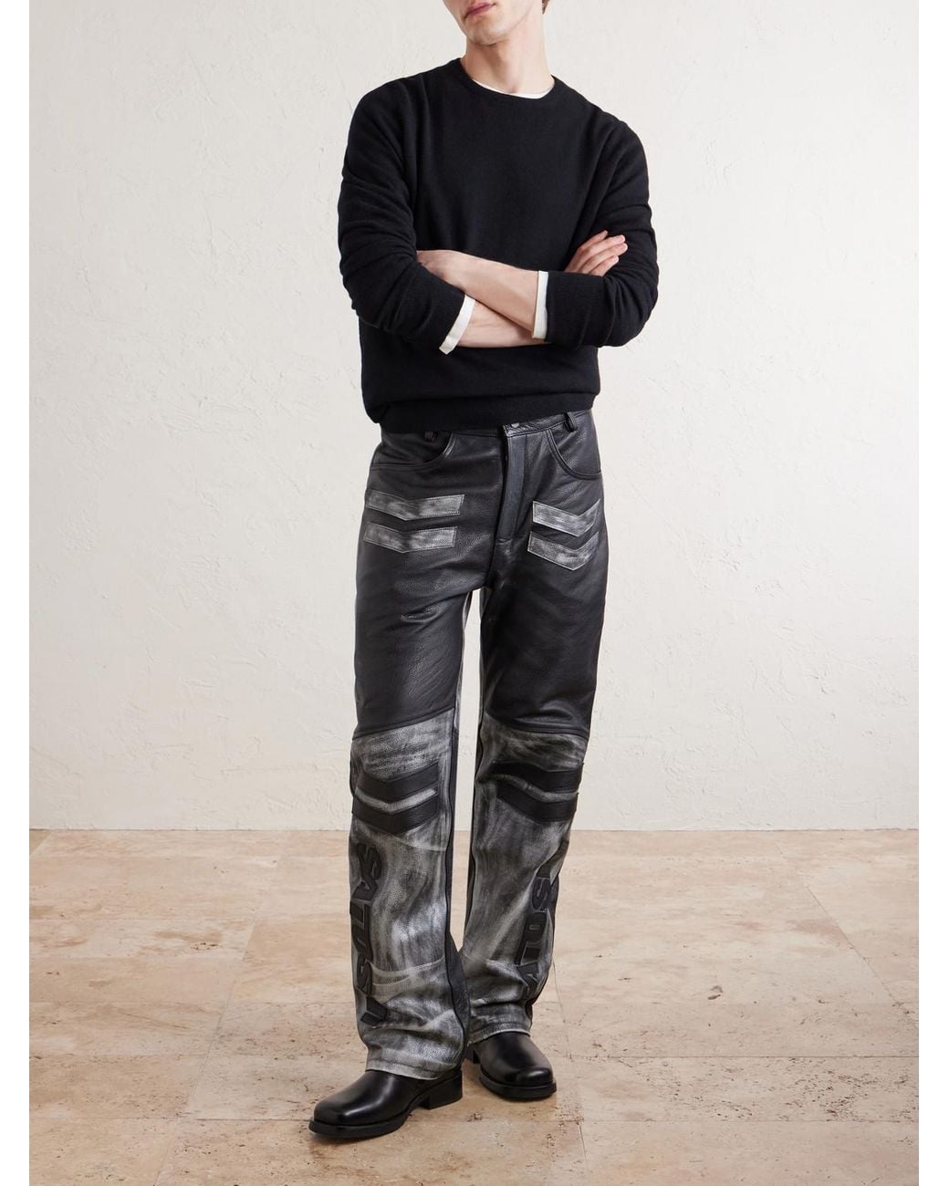 Satoshi Nakamoto Gray 2.0 Moto Appliquéd Leather Trousers for men