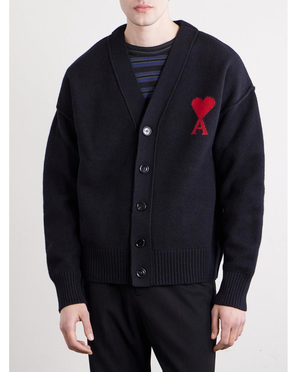 AMI Black Logo-Intarsia Virgin Wool Cardigan for men