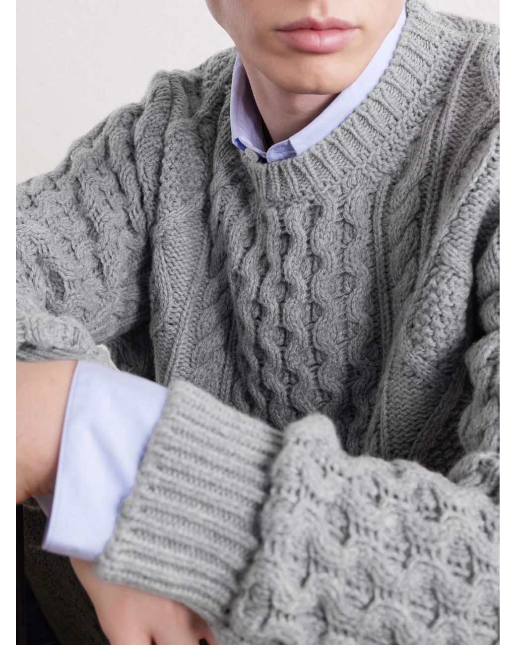 Anderson & Sheppard Gray Aran Cable-Knit Wool And Cashmere-Blend Sweater for men