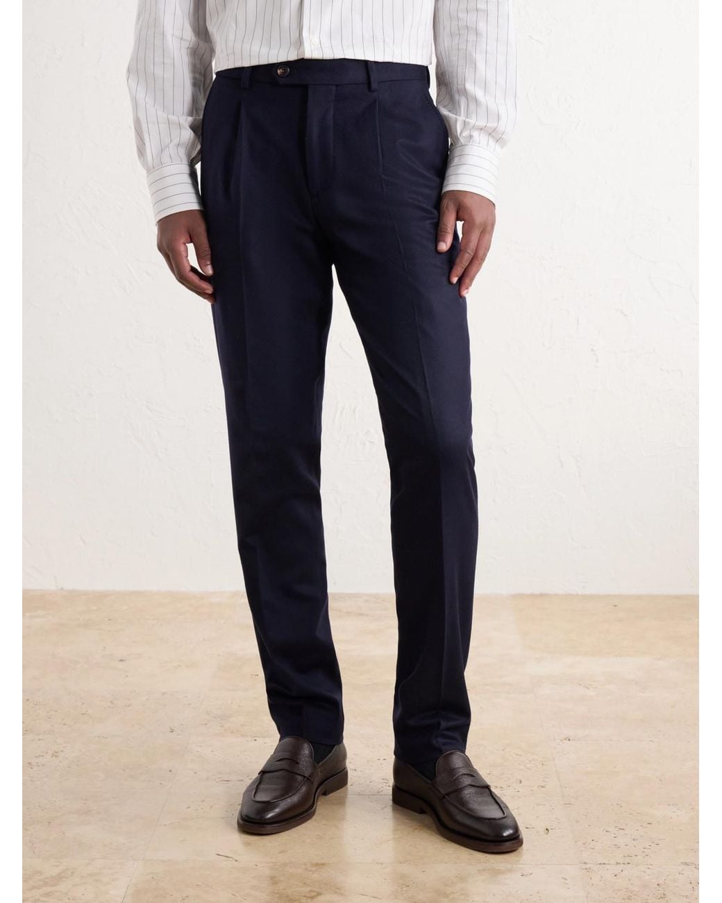 Brunello Cucinelli Blue Straight-Leg Pleated Wool-Flannel Suit Trousers for men