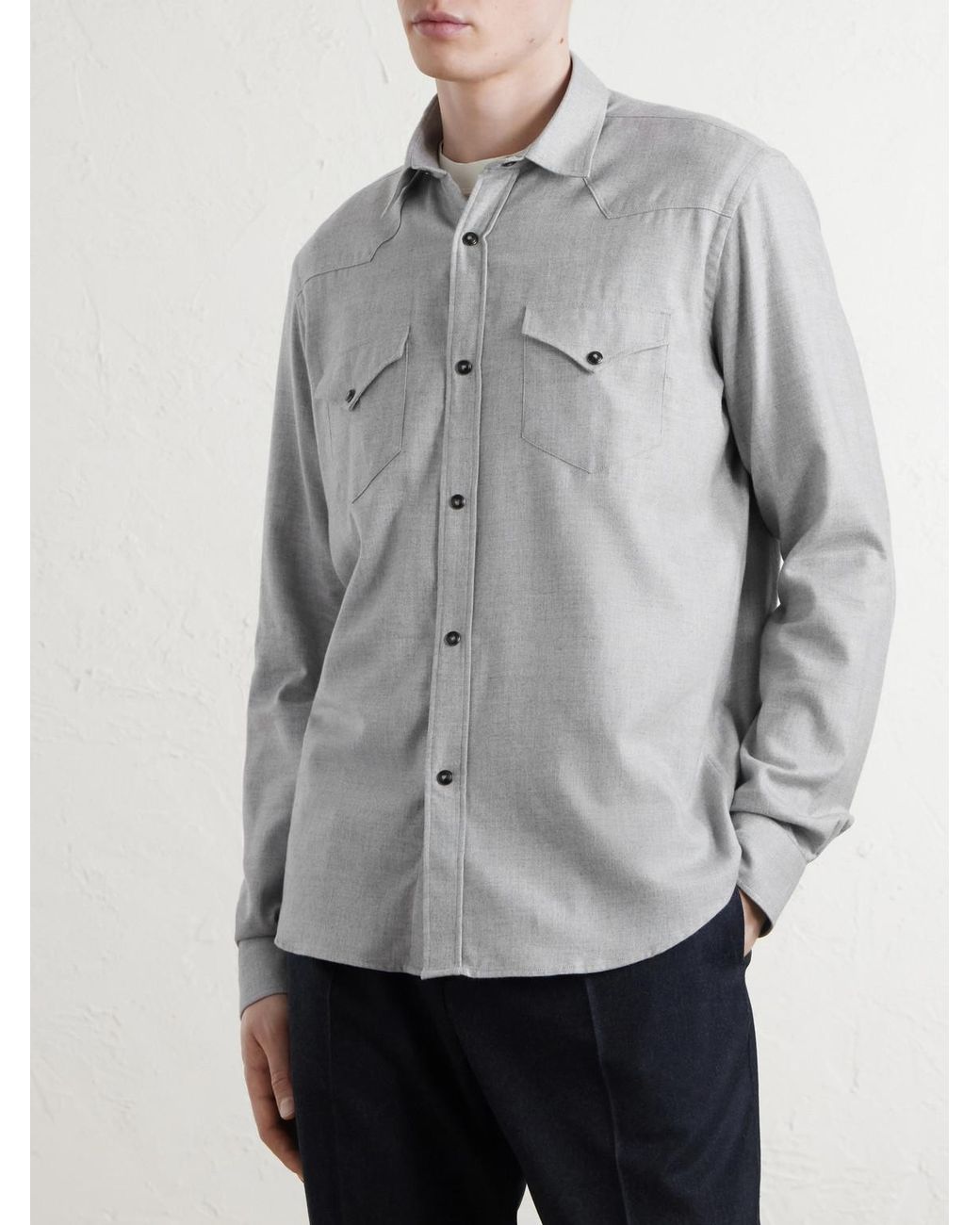 Canali White Lyocell And Cotton-Blend Herringbone Shirt for men