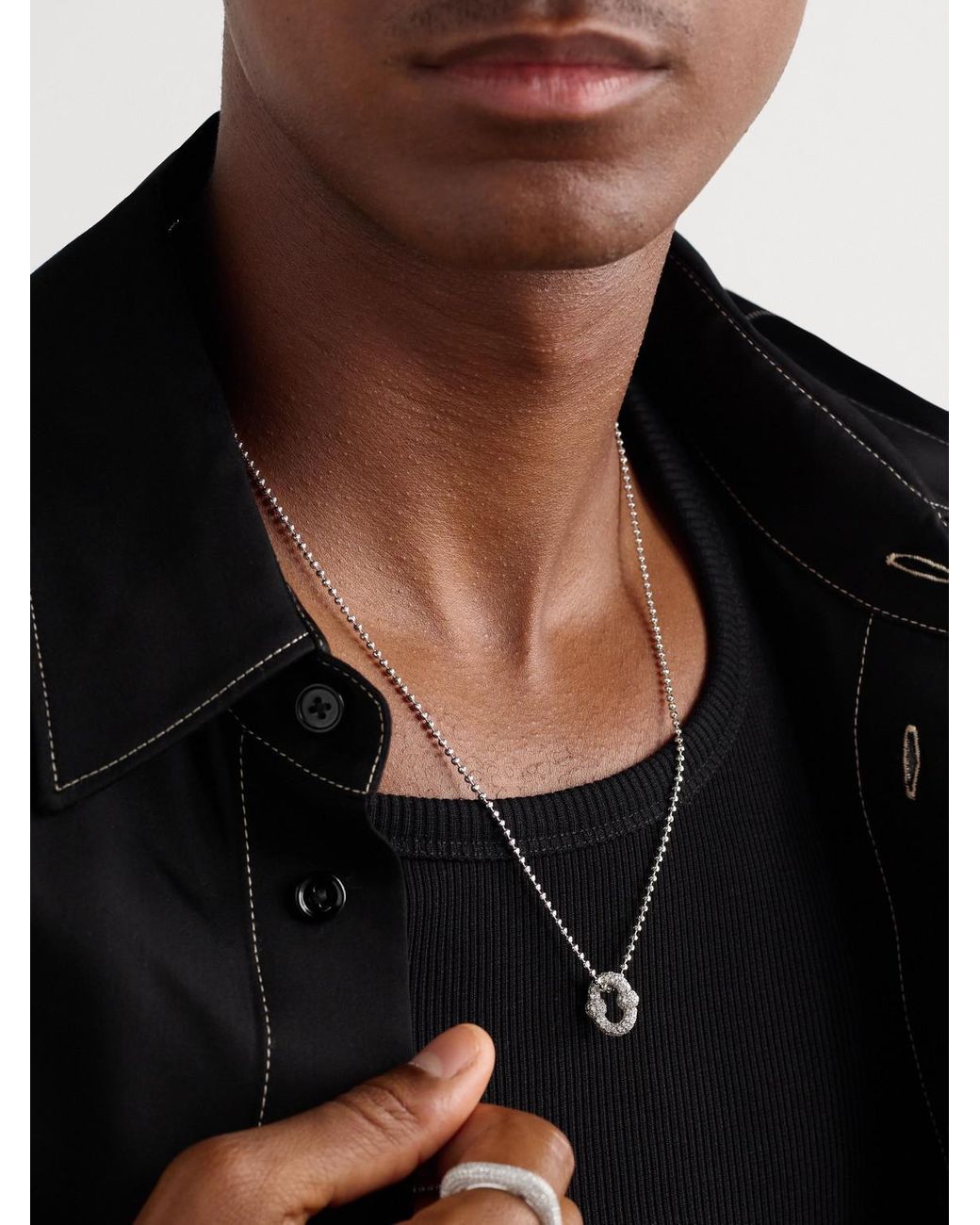Greg Yuna Black Umlaut 18-karat White Gold Diamond Ball Chain Necklace for men