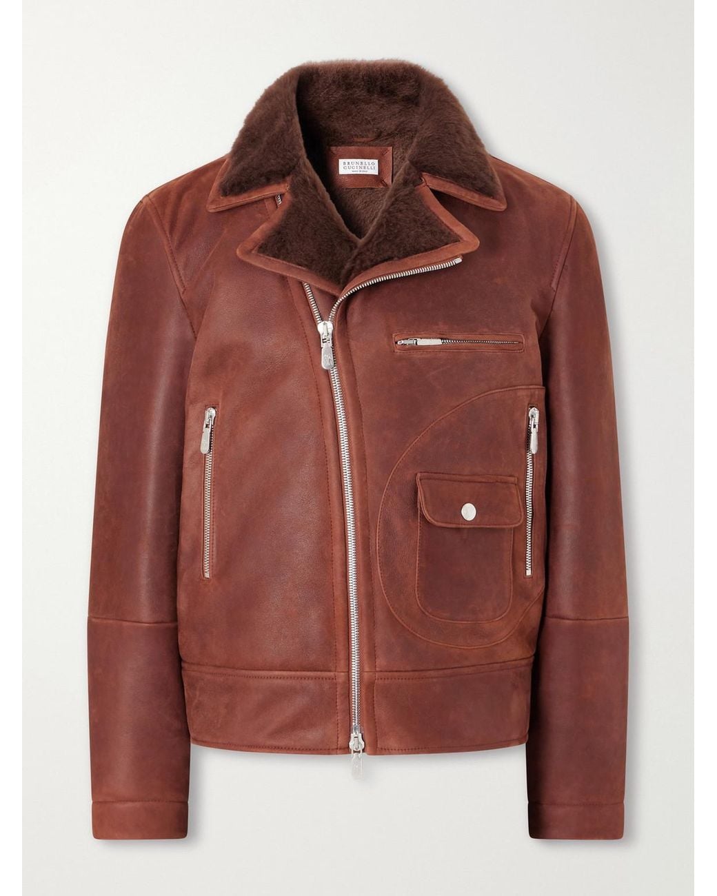 Brunello Cucinelli Brown Shearling-Trimmed Leather Jacket for men