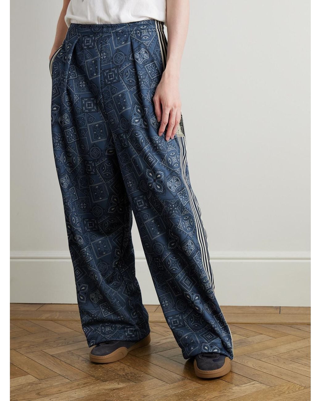 Kapital Blue Wide-Leg Striped Webbing-Trimmed Bandana-Print Tech-Jersey Track Pants for men