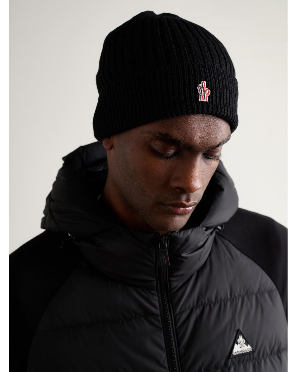 Moncler Black Logo-Appliquéd Ribbed Virgin Wool Beanie for men