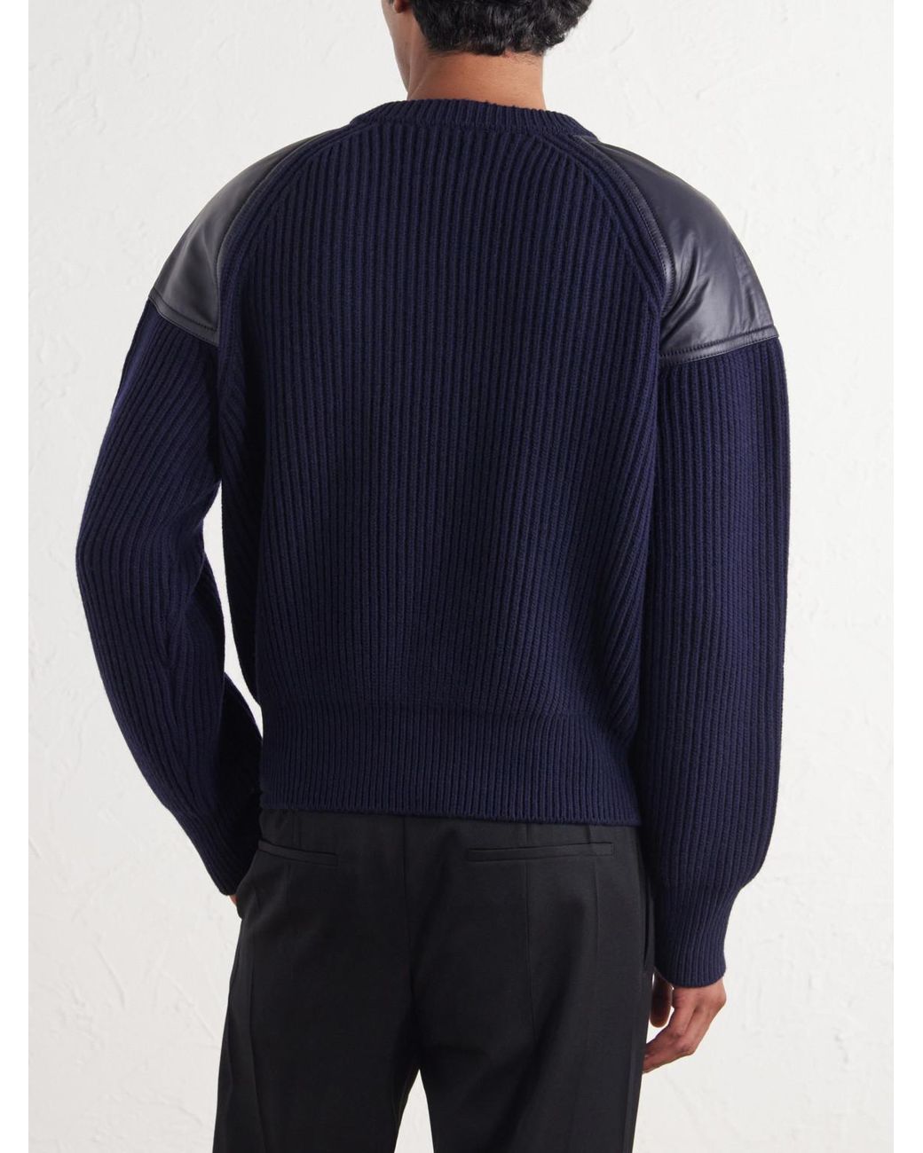 Bottega Veneta Blue Leather-Trimmed Ribbed Wool And Cashmere-Blend Zip-Up Sweater for men
