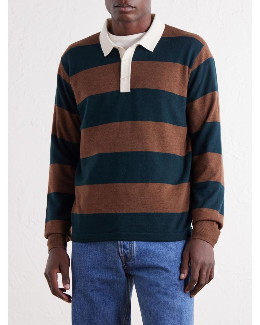 Drake's Blue Striped Merino Wool-Jersey Polo Shirt for men