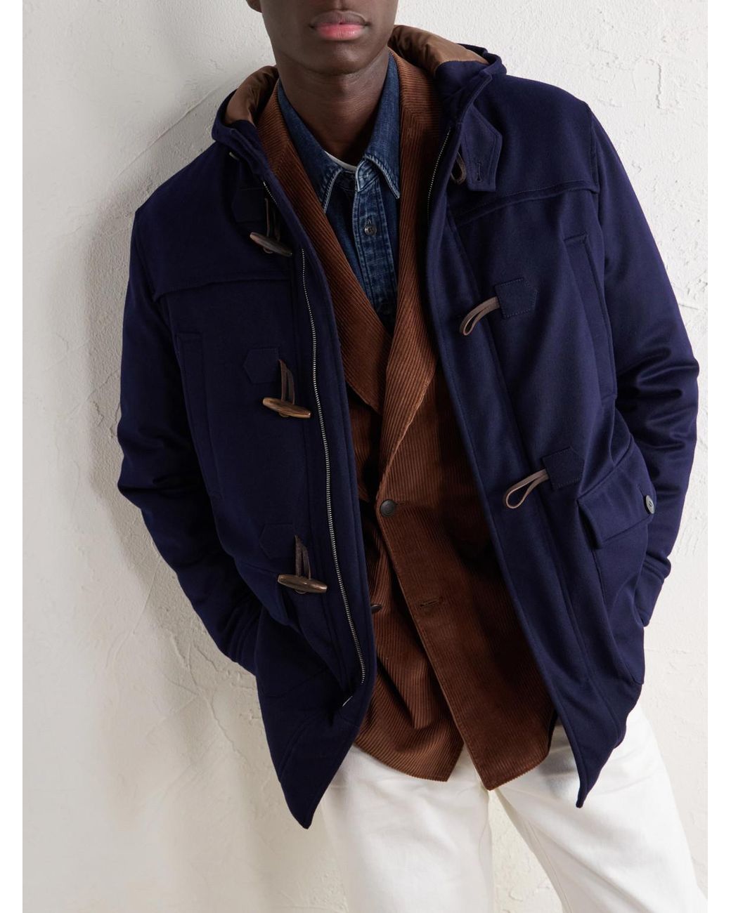 Canali Blue Montgomery Hooded Leather-Trimmed Wool And Cashmere-Blend Padded Parka for men