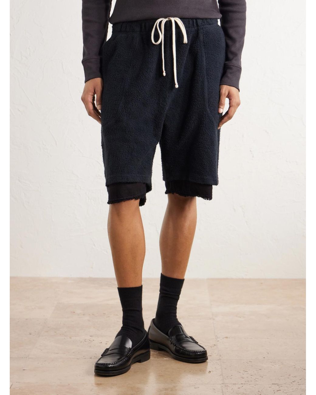 Les Tien Blue Straight-Leg Cotton-Fleece Drawstring Shorts for men