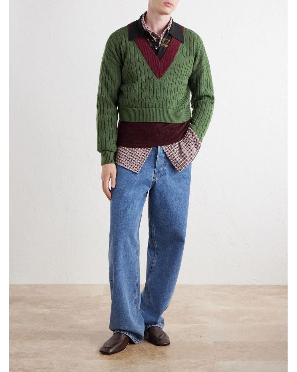 Dries Van Noten Green Jacquard-trimmed Cable-knit Wool And Cotton-blend Sweater for men