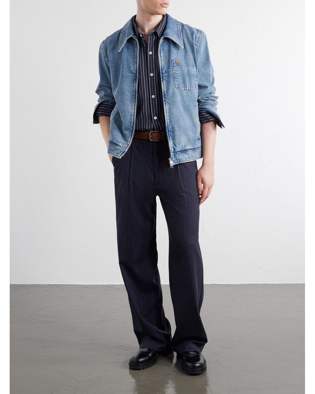 AMI Blue Logo-Embroidered Washed-Denim Jacket for men