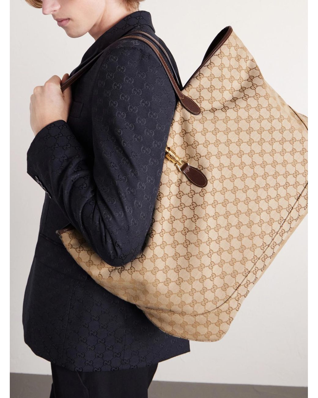 Gucci Natural Jackie Large Leather-Trimmed Canvas-Jacquard Tote Bag for men