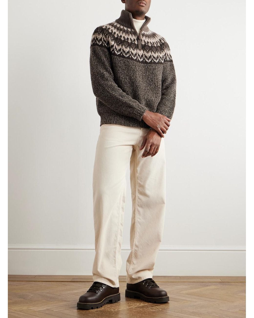 Loro Piana Gray Fair Isle Cashmere And Silk-Blend Half-Zip Sweater for men