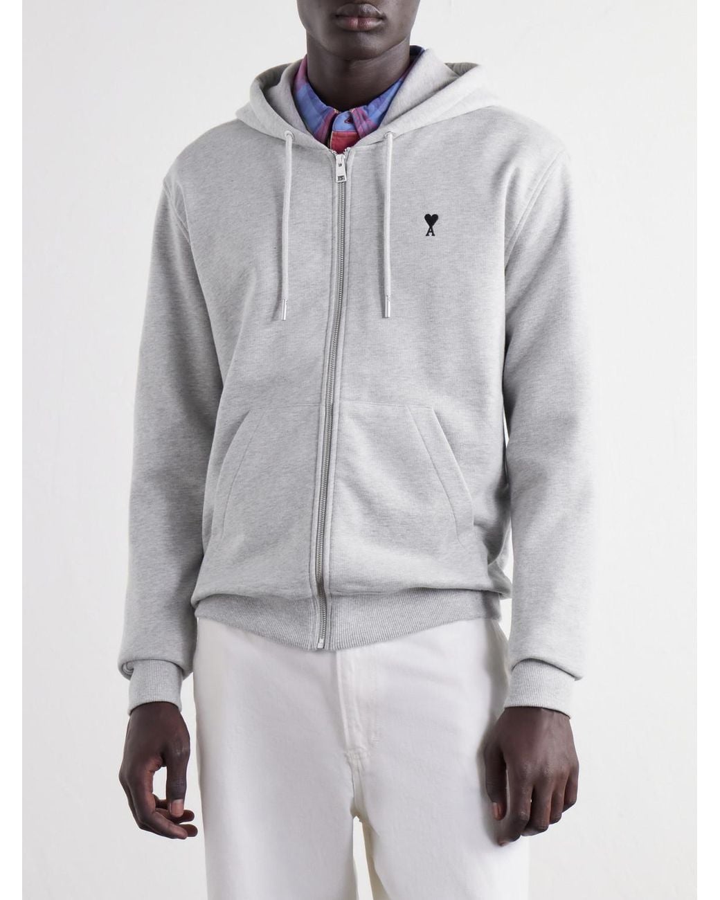 AMI Gray Logo-Embroidered Cotton-Jersey Zip-Up Hoodie for men
