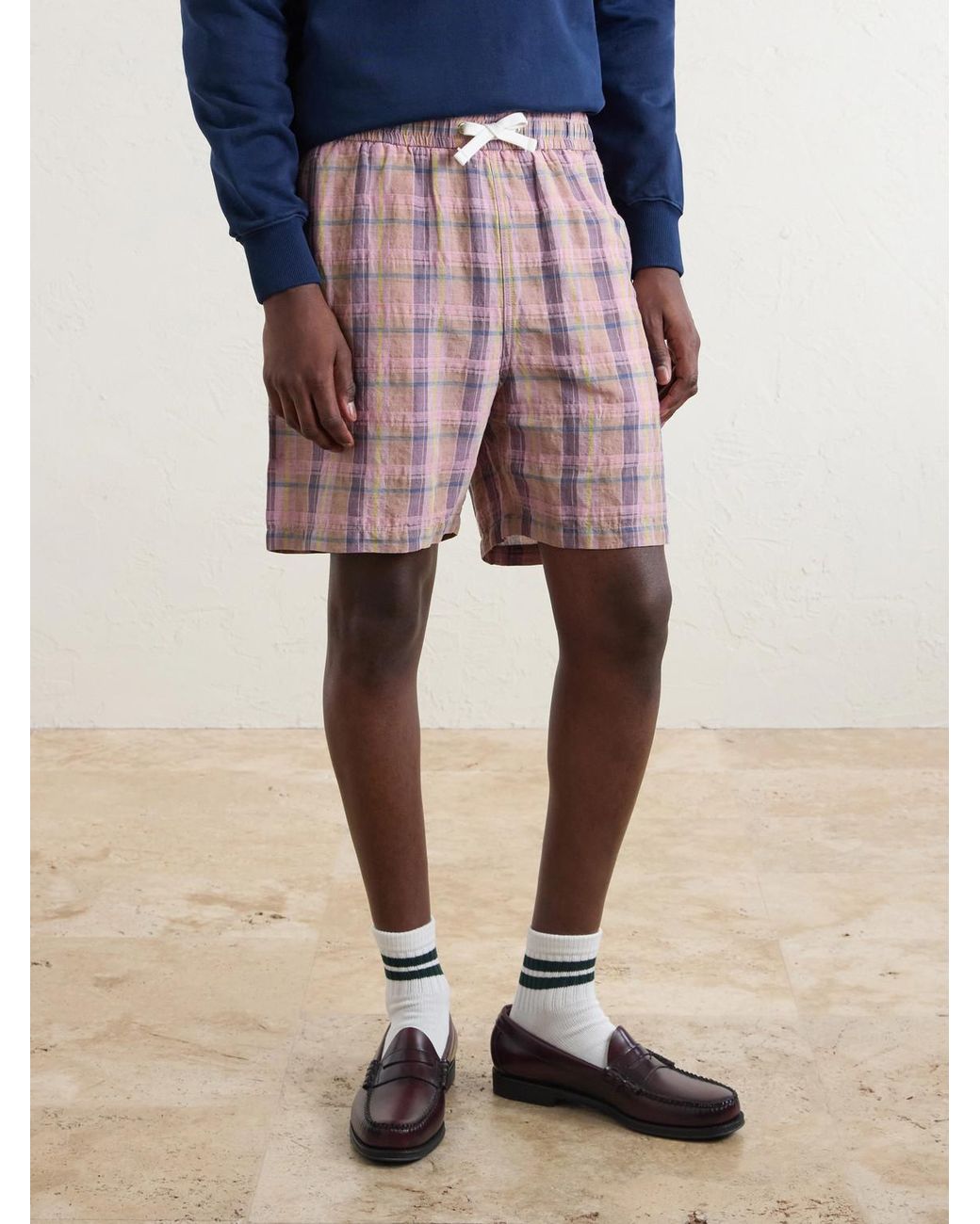 Drake's Pink Straight-Leg Checked Linen And Cotton-Blend Drawstring Shorts for men