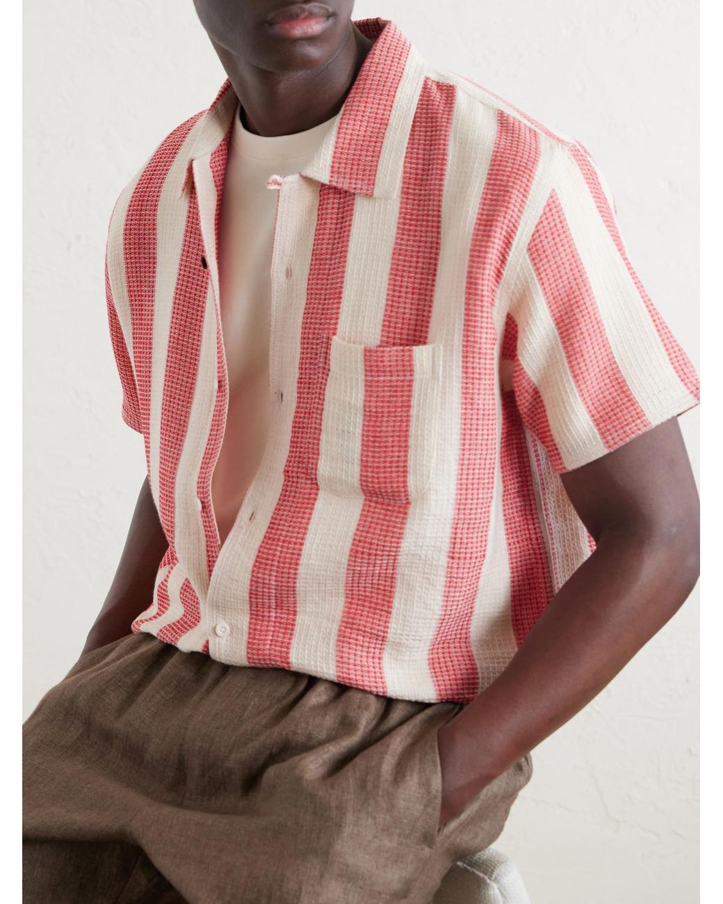 Kardo Pink Camp-Collar Striped Cotton Shirt for men