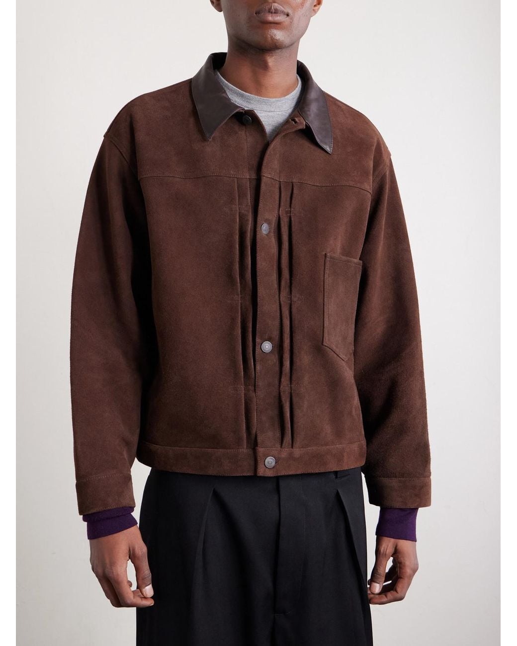 A.PRESSE Brown Leather-Trimmed Suede Jacket for men