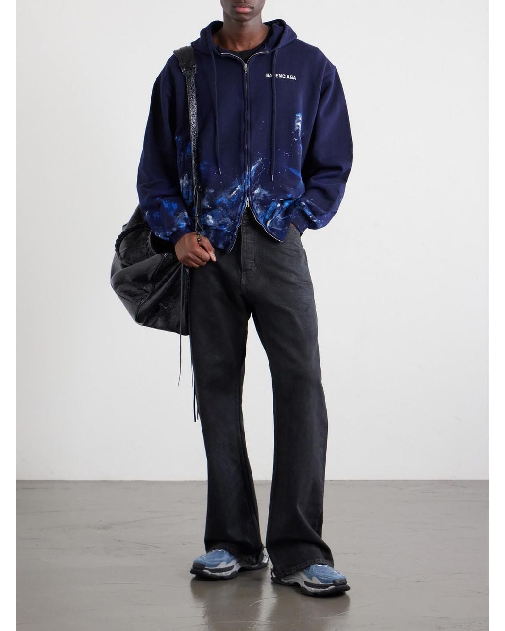 Balenciaga Blue Logo-embroidered Paint-splattered Cotton-jersey Zip-up Hoodie for men