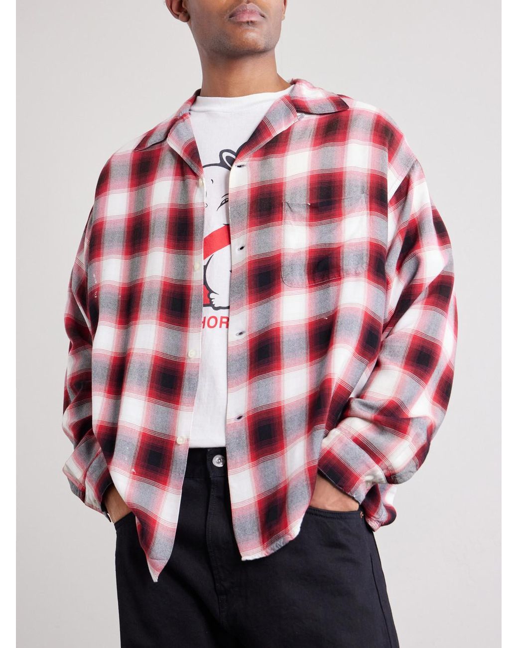 SAINT Mxxxxxx Red Convertible-collar Checked Flannel Shirt for men