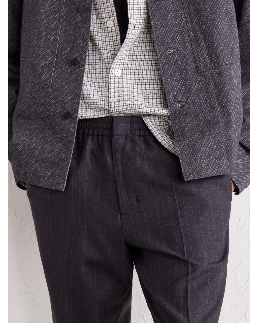 AMI Blue Tapered Pinstriped Wool-Blend Trousers for men